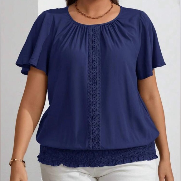 Lace Hem Decorated Short Sleeve Pullover Shirt with Elastic Waist - Picture 5 of 6